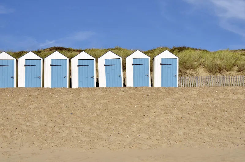 blue and white beach hut, in the vendae department in the pays de la loire region in western france