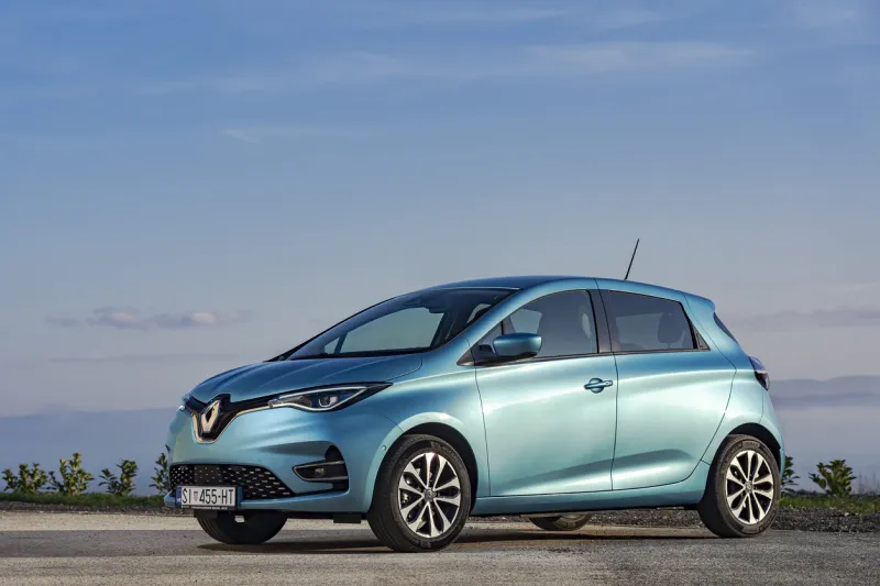sisak, croatia - december 8, 2019  new renault zoe stopped on a road the second generation of popular french full electric car has more powerful, 50kwh battery and therefore more range