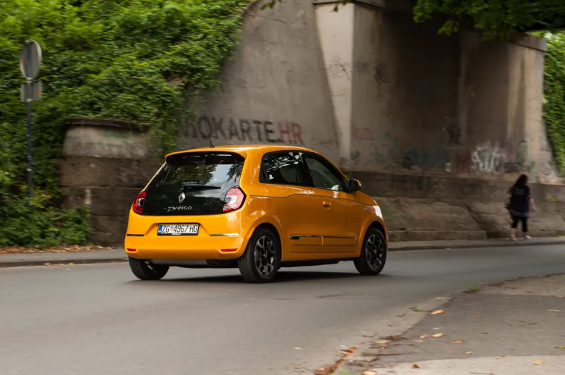 zagreb, croatia - august 09, 2019  new renault twingo 2019 model in famous orange colour new design and model of twingo simple little city car