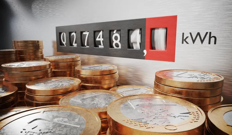 electrometer is measuring power consumption coins in foreground expensive electricity concept 3d rendered illustration