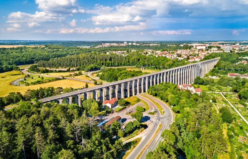 aerial view of chaumont viaduct, a railway bridge in the haute-marne department of france