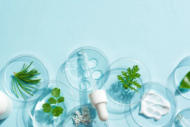 natural skin care products swatches in petri dish and green plants on blue background, top view natural eco beauty, herbal cosmetic laboratory and organic skin care concept