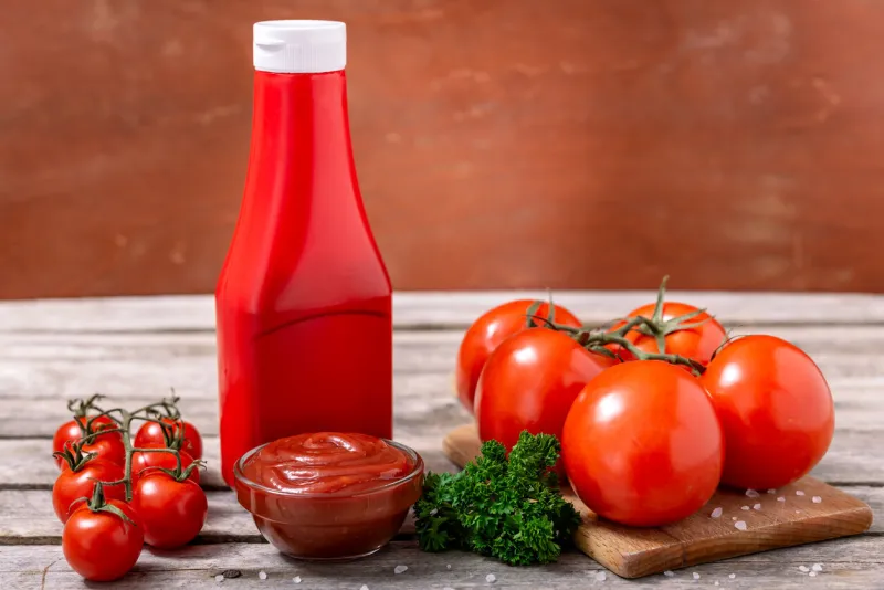 plastic bottle and glass bowl of ketchup or tomato sauce, spices and fresh tomatoes on wooden table selective focus