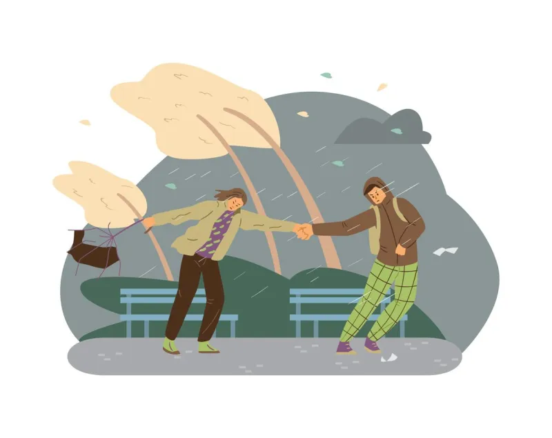 male and female experiencing extreme wind weather at the park young people holding hands and support each other in severe storm and heavy rain outside trees are blow away, flat vector illustration