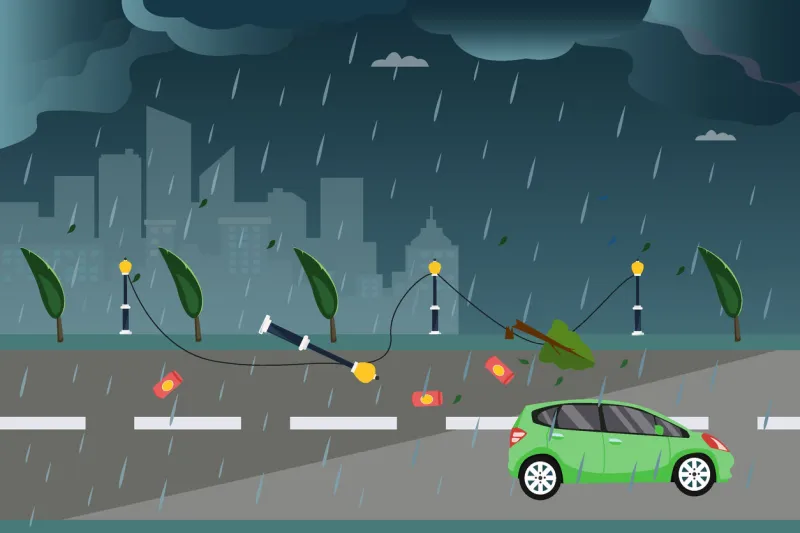 thunderstorm vector concept  rainy thunderstorm on a traffic full of disarray