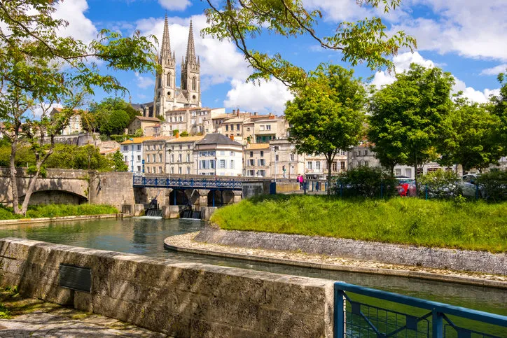 niort, france - may 11, 2019  a view of niort from the quay of sevre niortaise river, deux-sevres, poitou-charentes region, france