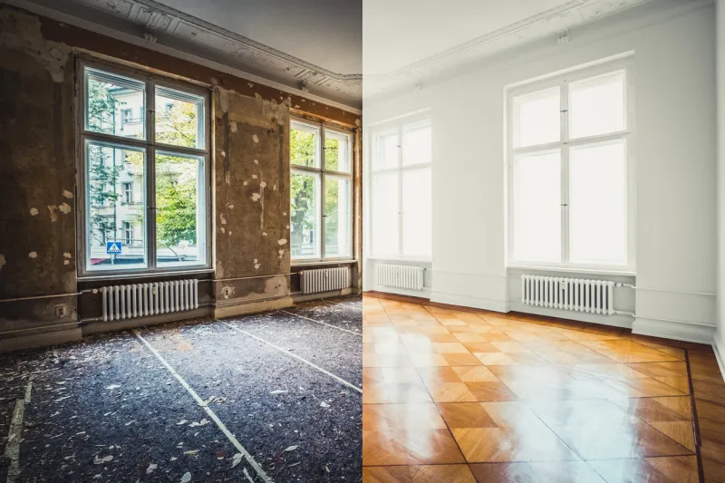 flat renovation, empty room before and after refurbishment or restoration
