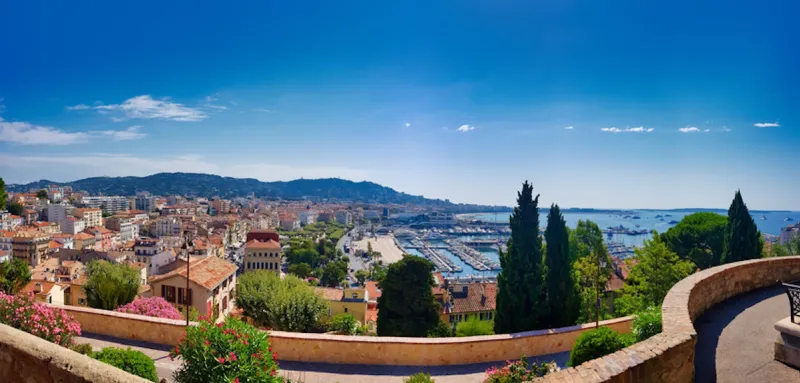 cannes skyline showing the marina and classical european buildings of the famous city of the south of france