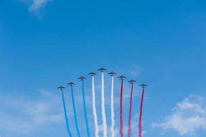 paris, france- july 14, 2011  french air patrol formation flying in a blue sky with blue, white and red vapor trails for the french national day