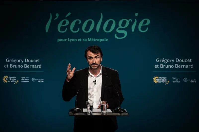 french eelv (europe ecologie les verts) green party candidate for lyon's mayor gregory doucet speaks on june 28, 2020 in lyon, following his victory after the second round of the mayoral election (photo by jeff pachoud   afp)