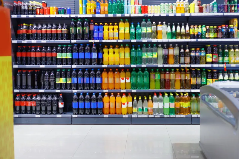 shelves with variety refreshing of beverage for sale in the supermarket
