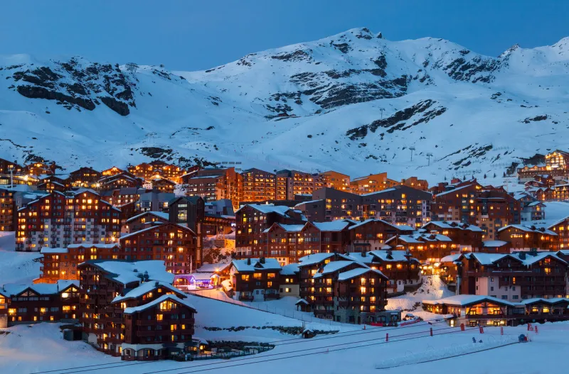 panorama of val thorens by night, alps mountains, france