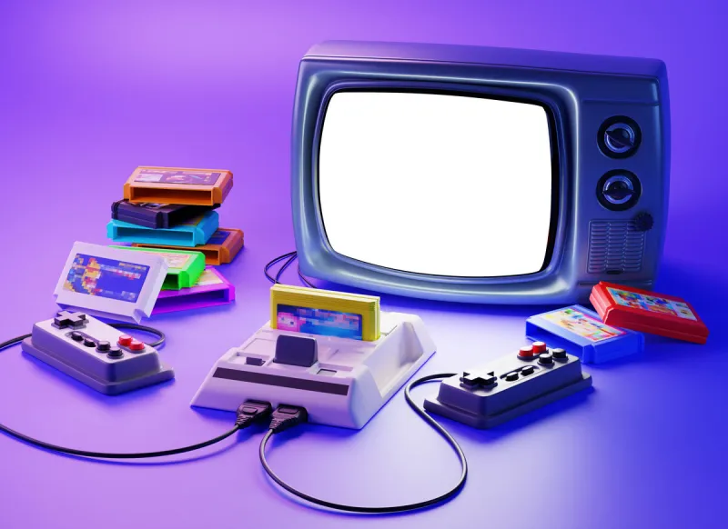 3d illustration old-fashioned tv set with gamepads, game console and floppy disks(cartridges) in pink blue gradient neon light retro media, 90s entertainment 3d rendering with a white background on the screen, for your image