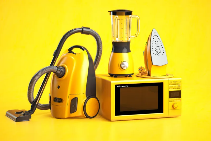 yellow household appliances on yellow background set of home technics 3d illustration
