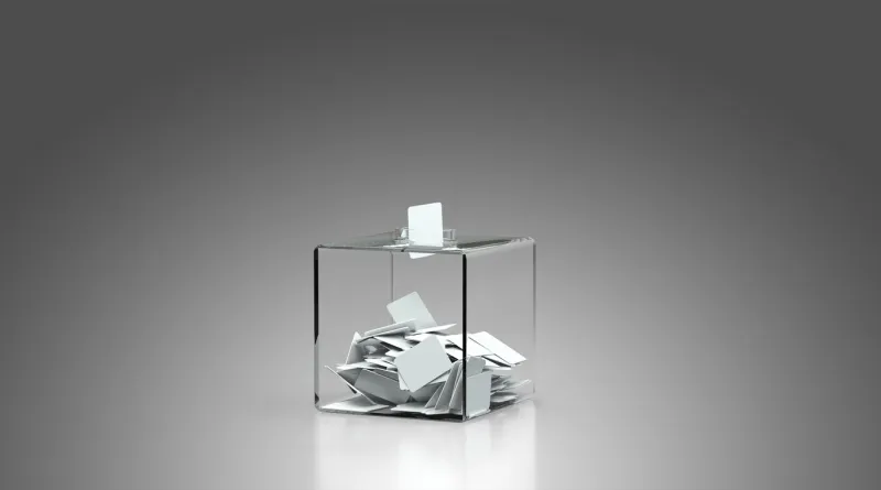 voting box filled with envelopes - grey background - 3d rendering
