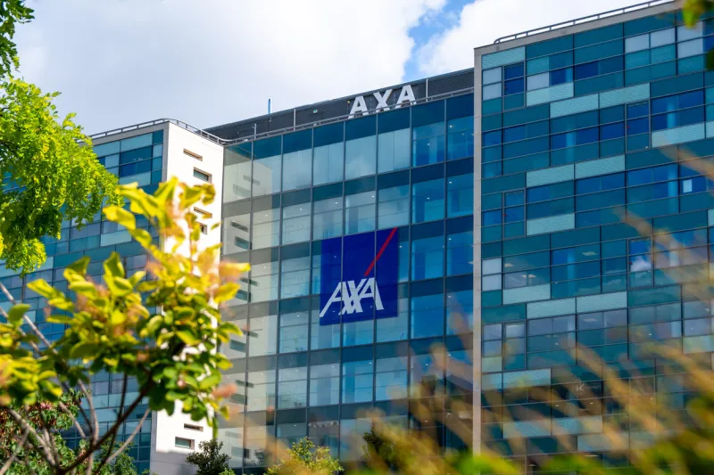 nanterre, france - july 29, 2021  exterior view of the building housing the headquarters of axa, an international french group specializing in insurance and asset management