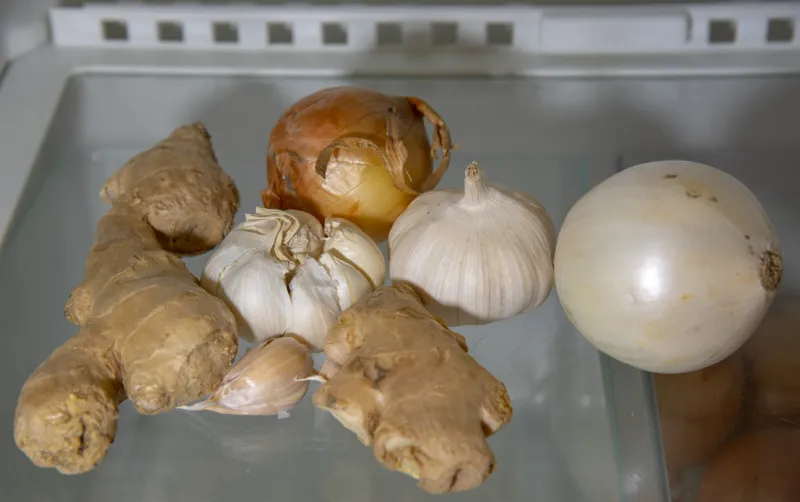 onion, garlic and ginger on the shelf in the refrigerator alternative medicine, nutritional supplements useful products for the prevention of diseases