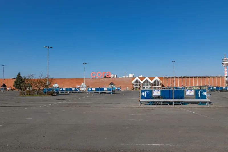 villeneuve d'ascq,france-february 28,2021  view of cora hypermarket,entrance and parkingcora is a belgian international supermarket chain cora was founded in
