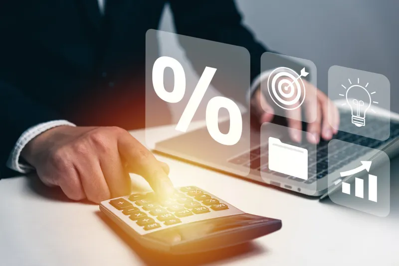 increase revenue and percentage concept, interest rate, businessman is calculating income and return on investment, fund, retirement, investment, dividend tax, stock market, success