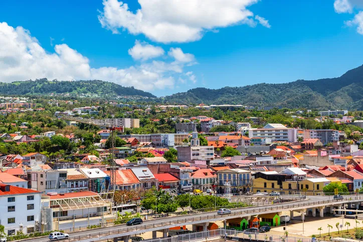 aerial view of skyline and city centre at the cruise port of basse-terre in guadeloupe