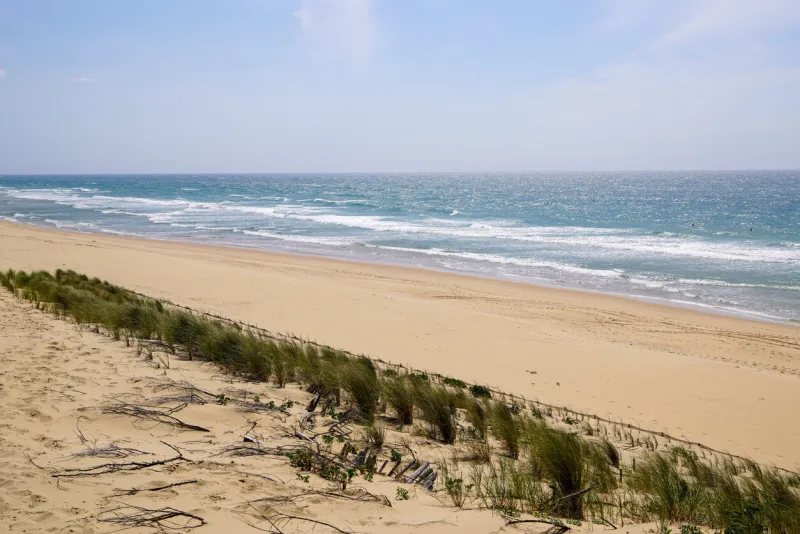 west french atlantic coast in le porge beach with sea sandy horizon view from france