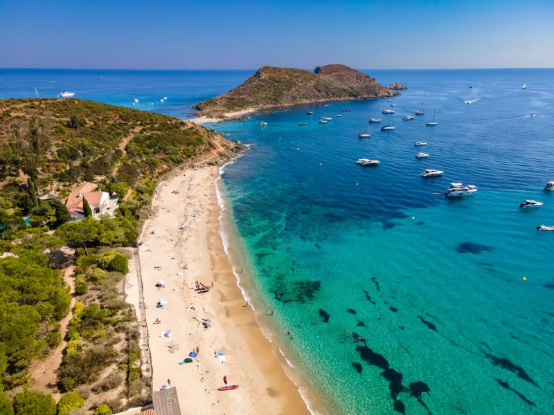 aerial view of briande beach and cape taillat in la croix-valmer (french riviera, south of france)