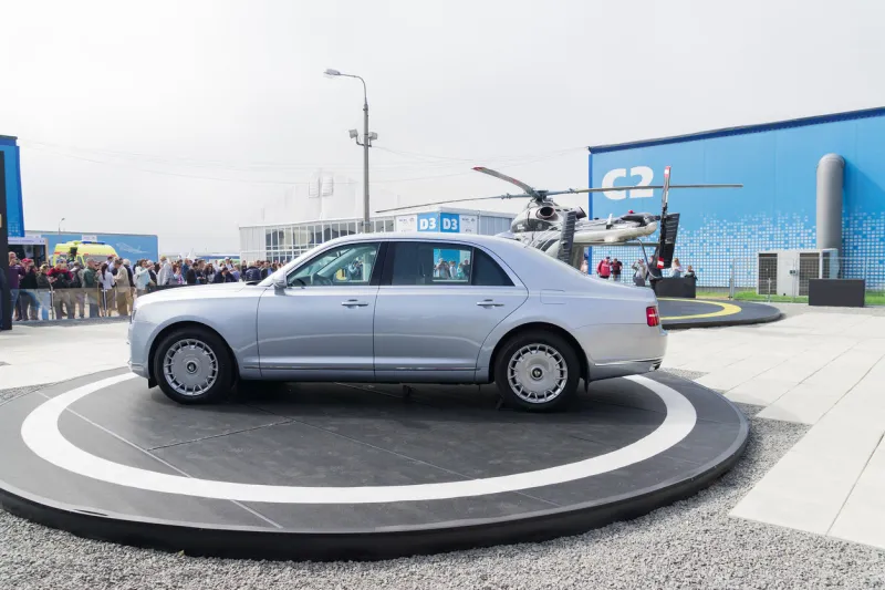 zhukovsky, moscow region, russia - august 31, 2019  side view of aurus senat - a model of a new russian luxury automobile brand aurus
