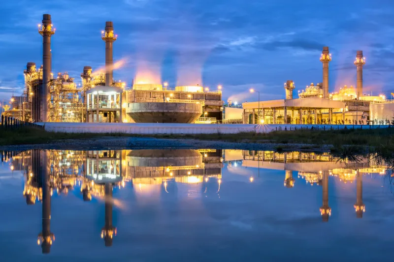 electric power plant reflection in blue hour