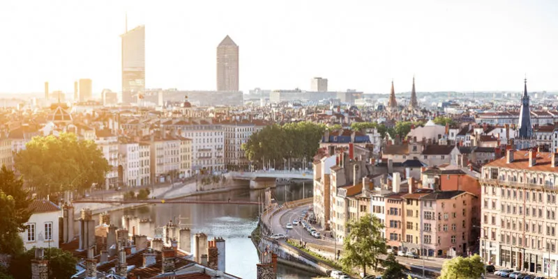 morning aerial cityscape view with beautiful old buildings and skyscrapers in lyon city, france
