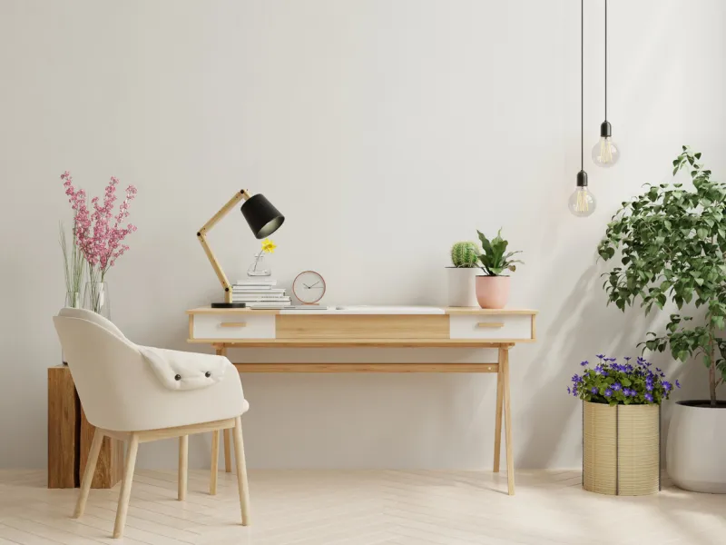 office desk interior with mockup white wall,3d rendering