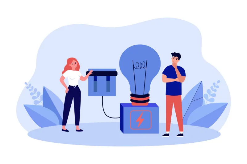 woman pushing toggle switch, lighting bright light bulb tiny persons standing with electric lamp flat vector illustration business idea concept for banner, website design or landing web page