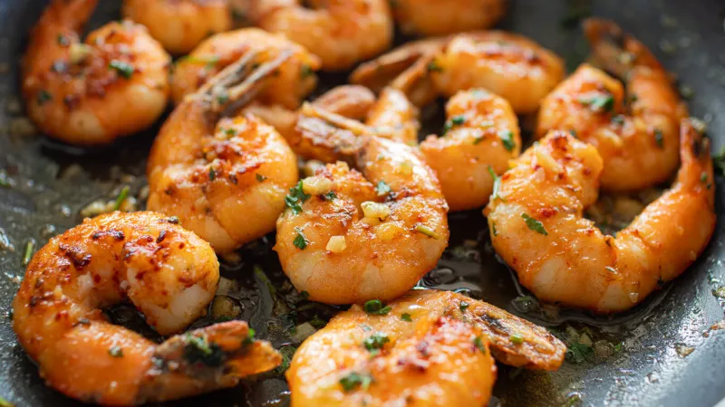 closeup garlic butter shrimp in pan
