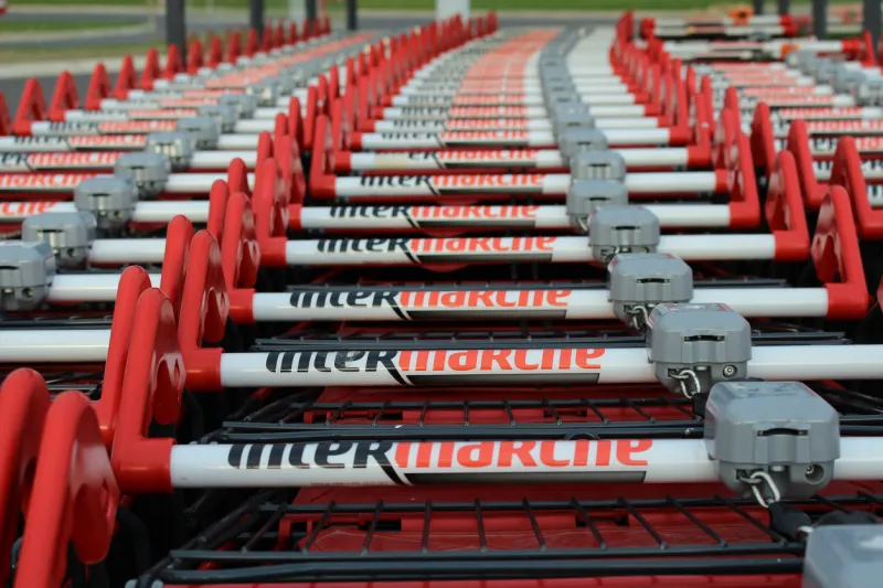 roissy en brie, france - septembre 6, 2015  this is a photograph where you can see the intermarché brand on a long wire caddy