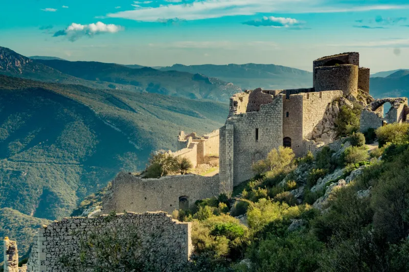 peyrepertuse, france, 5 november 2019  peyrepertuse ruined fortress in the corbieres massif in france