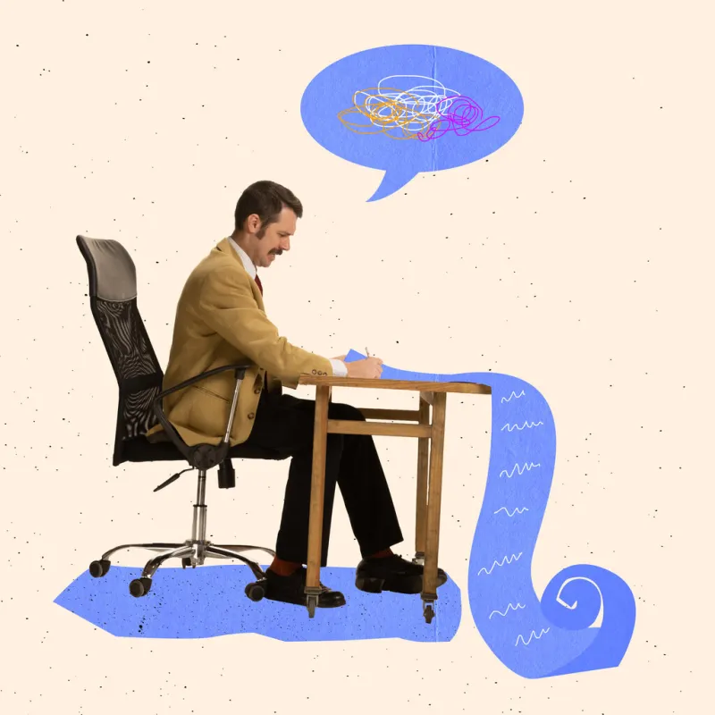 creative design businessman working on project, writting paper work speech bubble with tanled thoughts oncept of business, career, develpment, marketing, personal and professional growth, ad