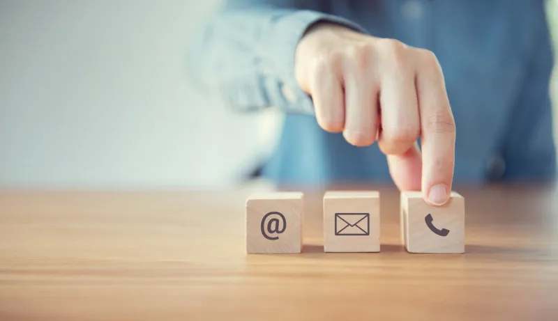 contact us, woman hand holding ( mail,phone,email ) icon customer support concept, copy space