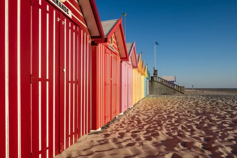 stella plage, france - 21 july 2020  colorful beach huts in france