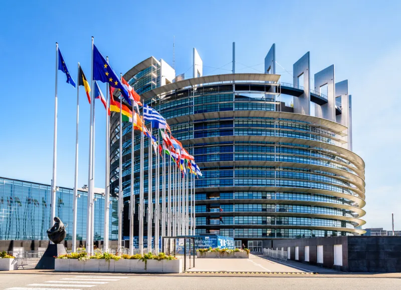 strasbourg, france - september 13, 2019  entrance of the louise weiss building, inaugurated in 1999, the official seat of the european parliament which houses the hemicycle for plenary sessions