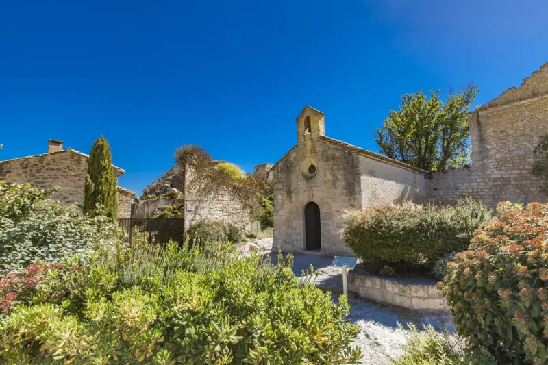 view at chapelle saint blaise, an old church in les baux de provence, france