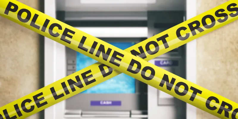 police line on an atm warning yellow tape, text police line do not cross, blur atm machine background 3d illustration