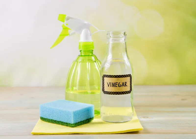 chemical free home cleaner products concept using natural destilled white vinegar in spray bottle to remove stains tools on wooden table, green bokeh background, copy space