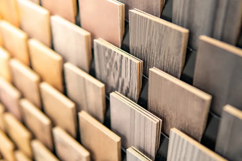 sample of wood chipboard wooden laminate veneer material for interior architecture and construction or furniture finishing design concept