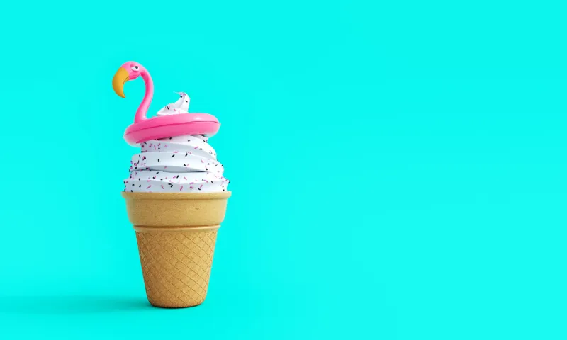 cornet ice cream with pink flamingo on turquoise blue summer background 3d rendering, 3d illustration