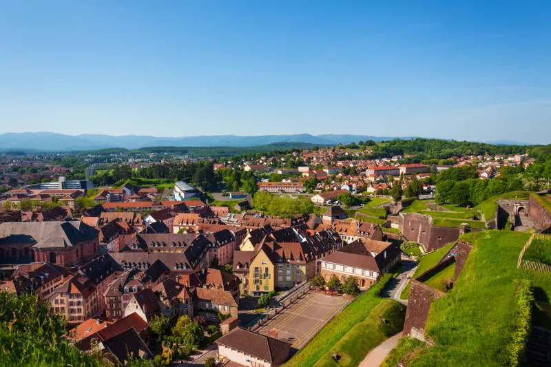 beautiful view of belfort old town viewed from vauban citadel at daytime, france, europe