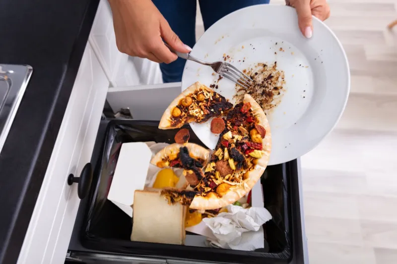 close-up of a person throwing pepperoni pizza on plate in dustbin
