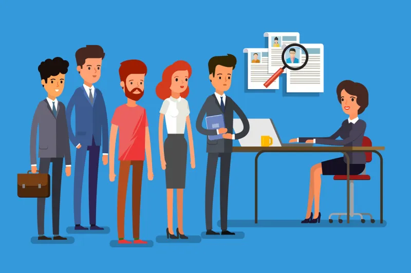 concept of search staff creative people stand in line to the hr manager flat design, vector illustration