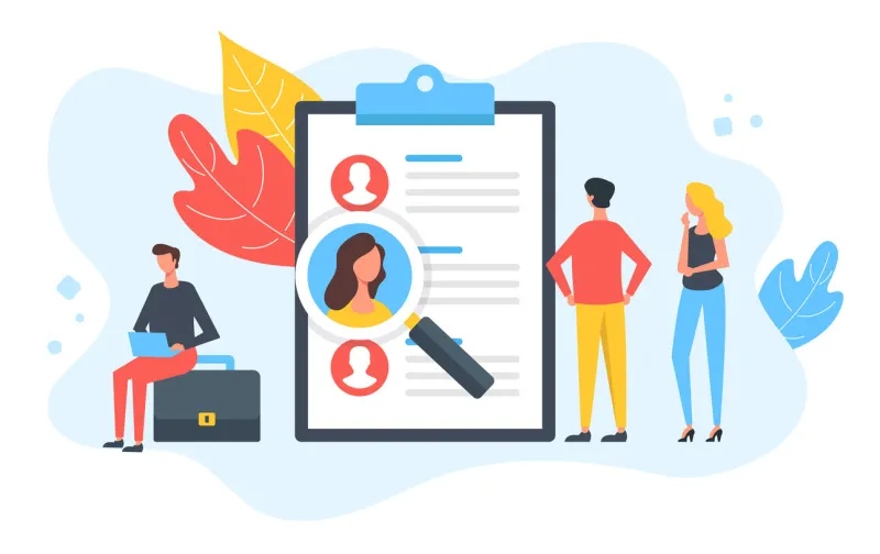 human resources people and clipboard with job candidates list and magnifying glass employment, job search, hiring, recruitment, recruiting, hr concepts modern flat design vector illustration