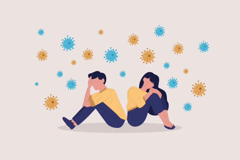 vector of a sad unhappy depressed couple man and woman sitting back to back during covid-19 pandemic