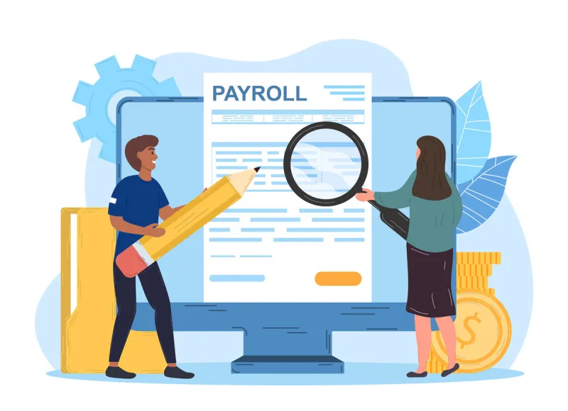 male and female characters working on payroll administrative man and woman use pencil and magnifier to examine payroll check flat cartoon vector illustration