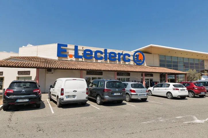 alistro, corsica, france - july 20, 2019  cars parked in front of eleclerc supermarket it is a french supermarket chain, with locations in france, italy, poland and spain